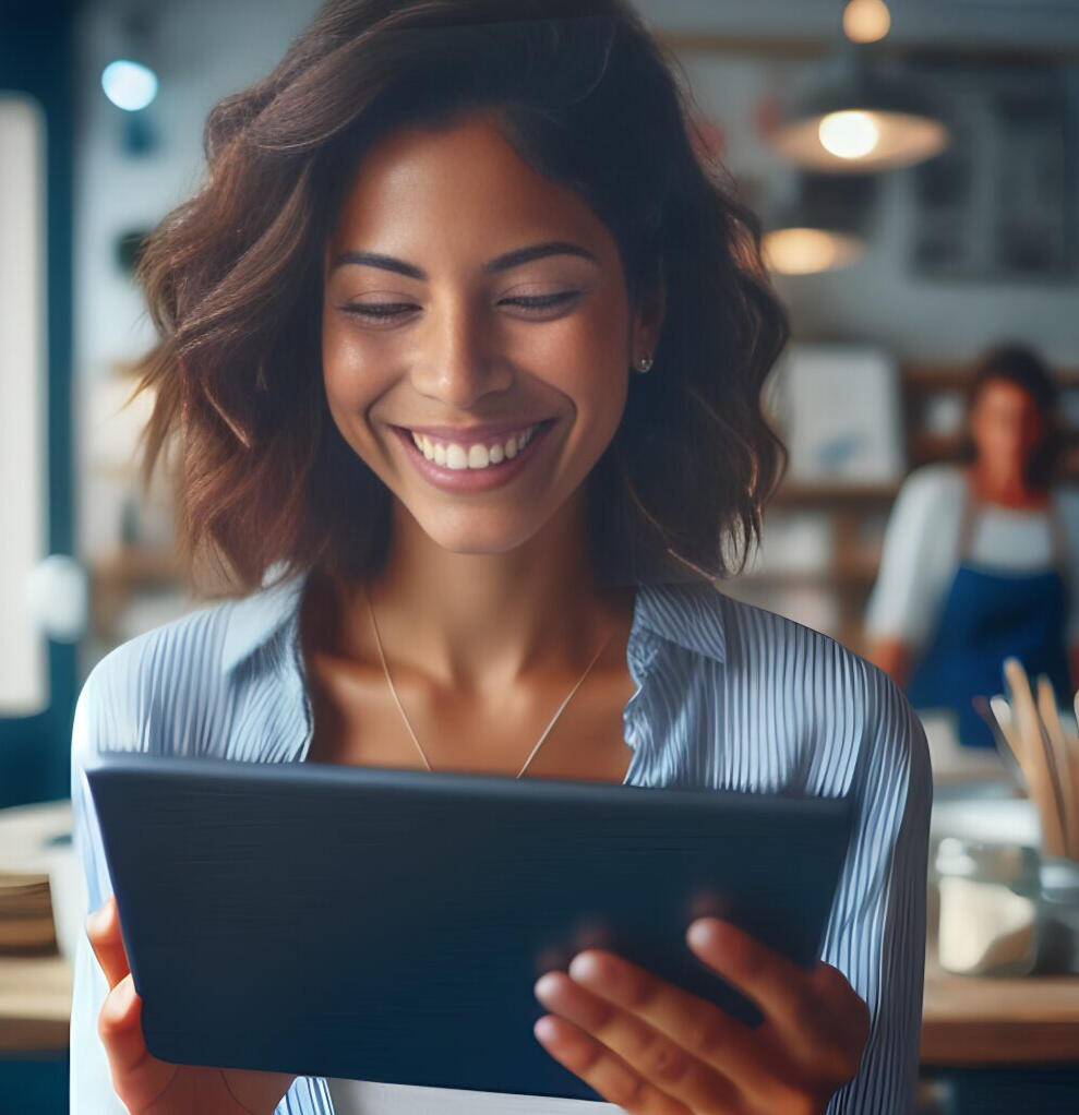 Happy user of Local Web Pilot using her tablet to access the Business App as she walks through her local Orlando shop. The co-workers who think she the best boss ever, are in the background.